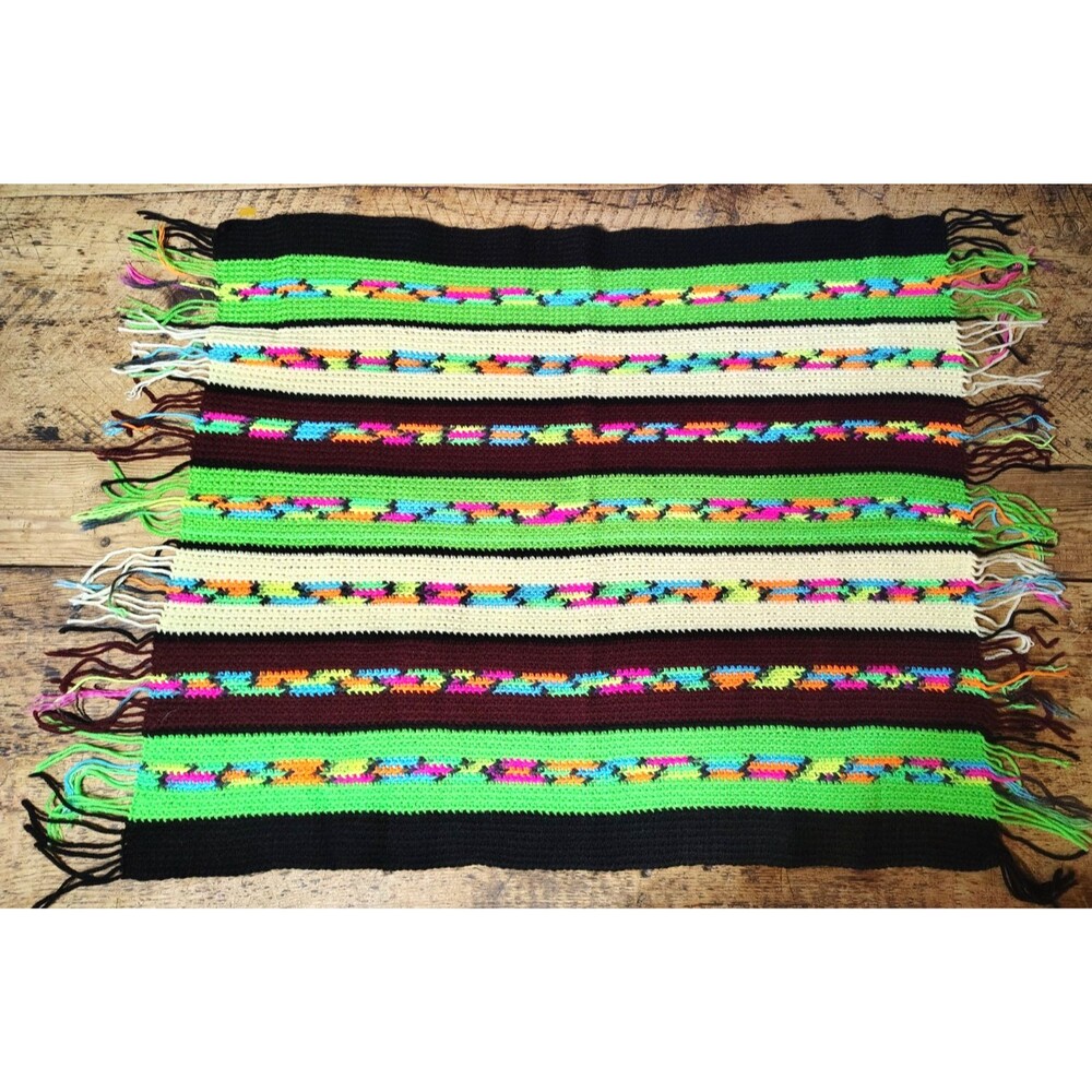 Hand Crocheted/Knitted Brightly Colored Afghan/Throw Striped Granny-Core 35x29"